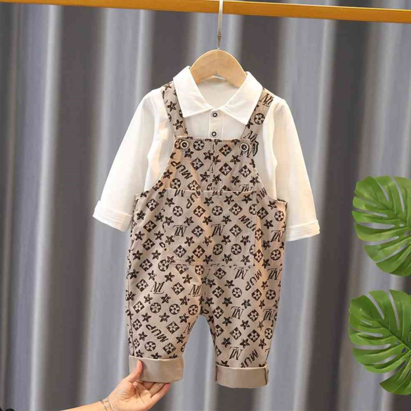 

80-120cm Kids Toddler Pants Set Suspender Trousers Designers Bib Pant And Polo Pullover T Shirt Two-piece Clothing Long Sleeve Overall Outfi, White