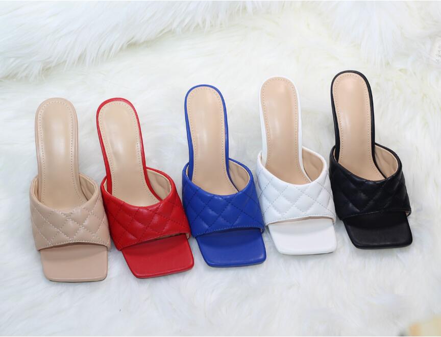 

Woman Marian Sqaure Toe Red Sandals Quilted Mule Heels Shoes PU High Heel Mules Women Sliper 9cm 051201
