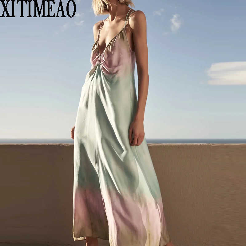 

Za Women Sexy Suspenders Low Chest Open Back Side V Neck Retro Printing Dress Suspender Party Skirt XITIMEAO 210602, As picture