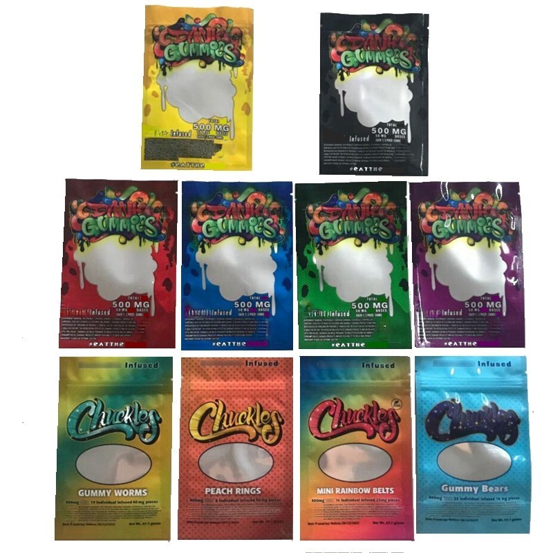 

Dank Gummies Mylar Bag whosale 6 types 500mg edibles packaging smell proof bags 400mg Chuckles gummy worms bears peach rings belts resealable zipper pouch packages