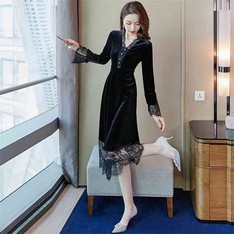 

Early autumn long-sleeved dress with high waist temperament and Sheath Office Lady Lace Polyester 210603, Black