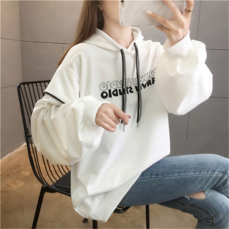 

Women's 2021 autumn new Korean version loose and thin hooded simple single Plush solid color jacket sweater, White