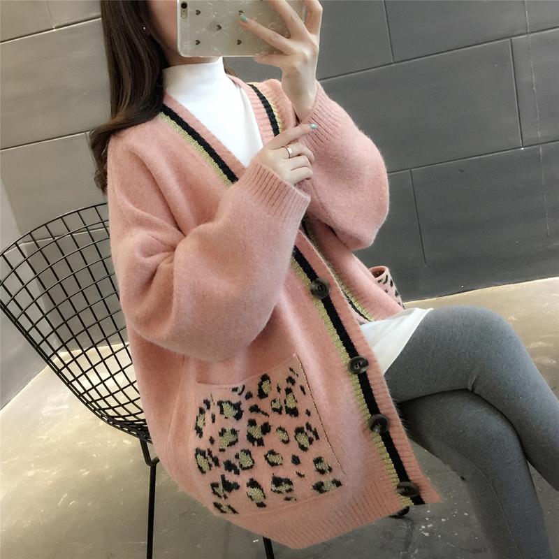 

Women's Knits & Tees V-neck Women Cardigan Leopard Print Pocket Loose Knit Woman Sweater Pink Jacket Spring And Autumn, Green