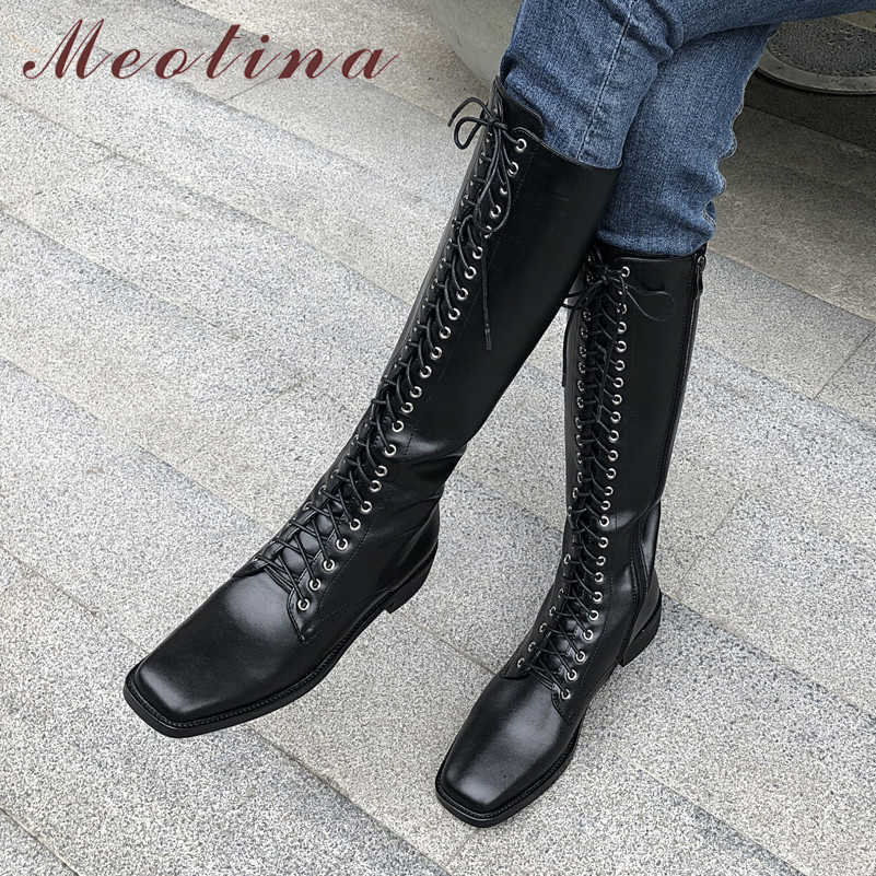 

Meotina Winter Knee High Boots Women Natural Genuine Leather Thick Heel Long Boots Zipper Square Toe Shoes Ladies Autumn Size 39 210608, Black synthetic lini