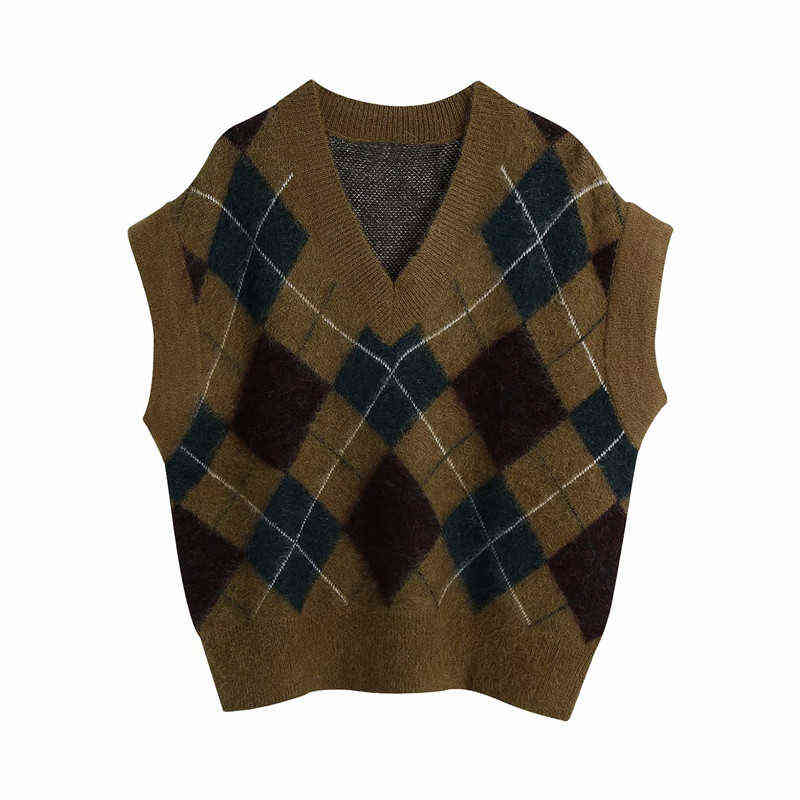 

Evfer Chic Ladies Za Autumn Knitted V-neck Pullover Vest Womens Casual Sleeveless Argyle Sweaters Tops Girls Elastic Knitwear Y1110, As photo