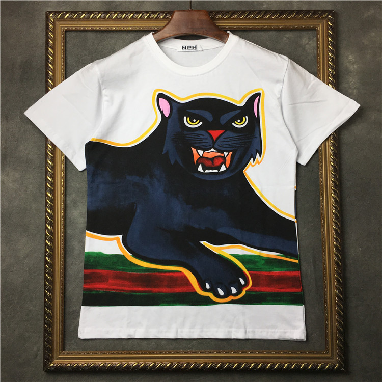 

10 pieces/lot Crew neck Black leopard printed T-shirt for men and women pure cotton half-sleeved short-sleeved, White