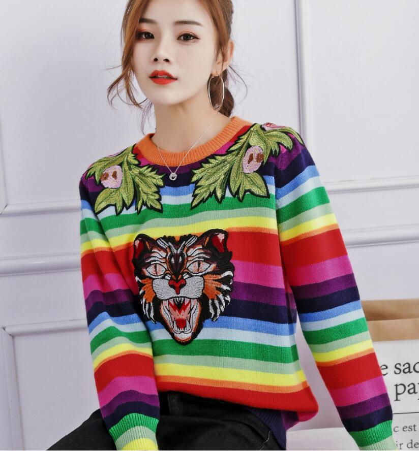 

European and American foreign trade new product fashion sweater women loose and exquisite embroidery rainbow heavy knit sweater women, W1