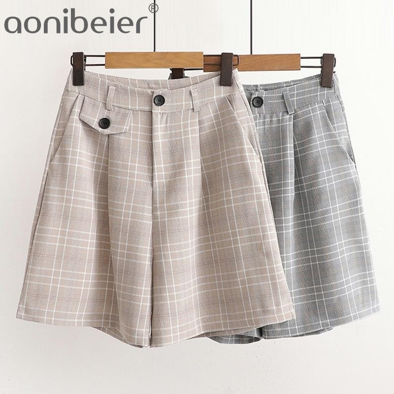 

Summer Fashion Zipper Closed High Waist Casual Loose Checked Shorts For Women Office Lady Plaid Suit Female 210604