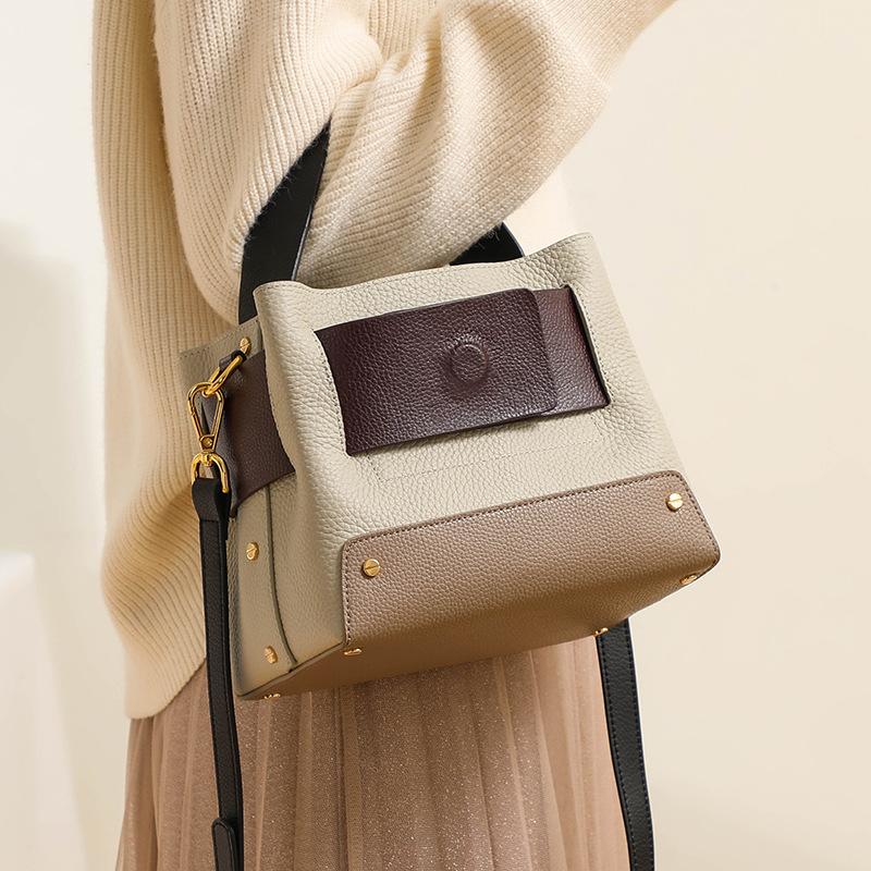 

Fashion Solid Color Bucket Bags For Women 2021 Spring Summer Ladies Shoulder High Quality Genuine Leather Totes Cross Body, Khaki