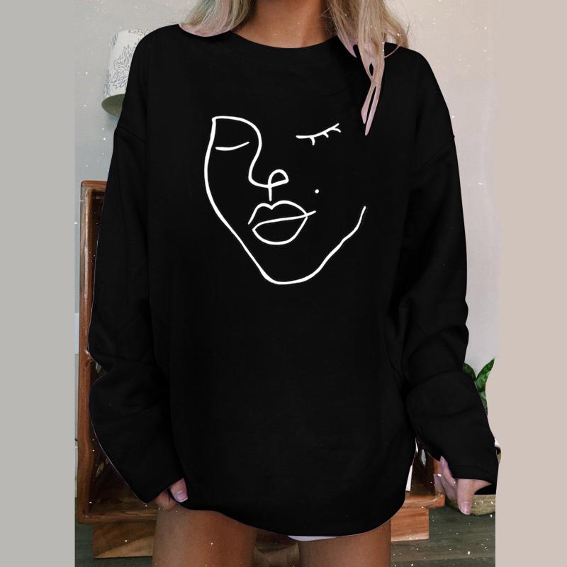 

Women' T-Shirt Women Ladies T Shirts Oversized Tee Tops Vintage Line Face Print Abstract Pattern Aesthetic Loose Round Neck Female Camiset, Black-a