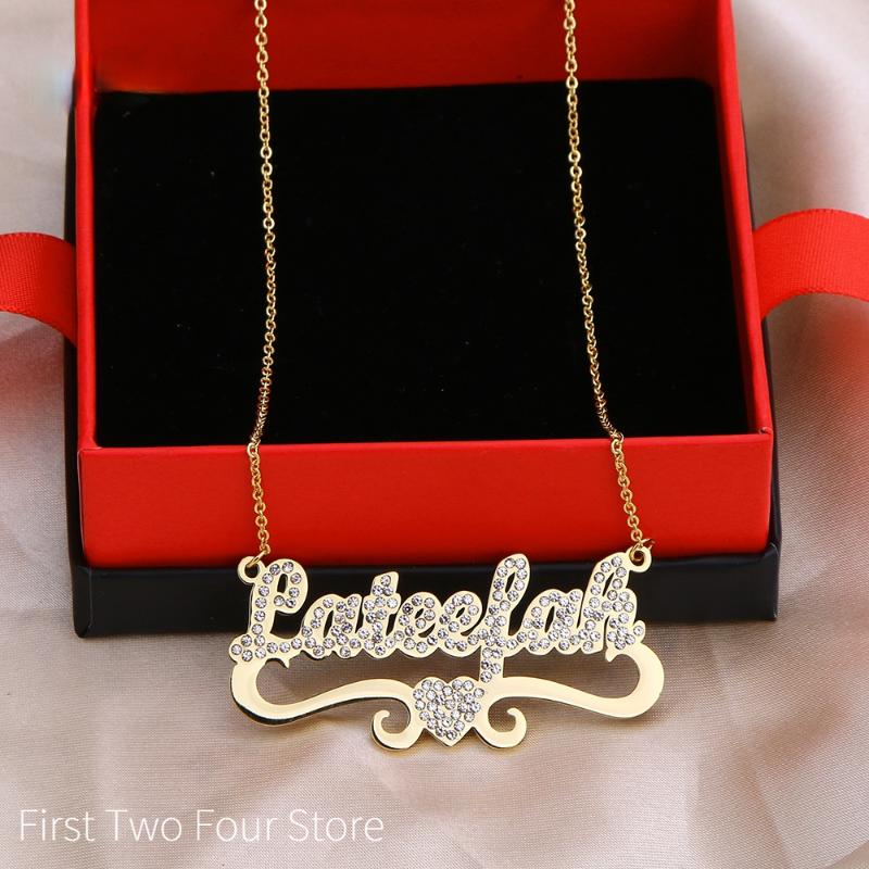

Pendant Necklaces Customized Personality Name Necklace Zircon Vintage Gold Color Heart Link Chain Bling Crystal Jewelry For Women Gift