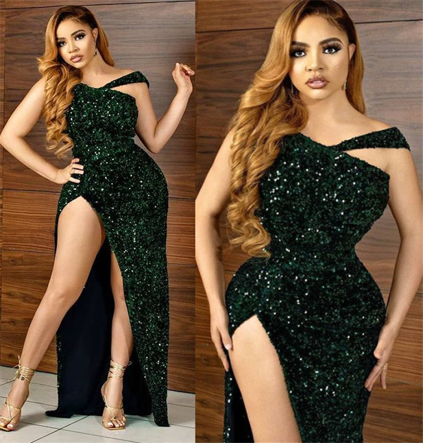 

Aso Ebi 2021 Arabic Plus Size Dark Green Sparkly Evening Dresses High Split Sequined Sheath Prom Formal Party Second Reception Gowns ZJ466, Black