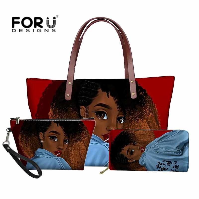 

Luxury Design Handbags Women Black Art African Girl Printing 3pcs/set Shoulder Bag Wallet Females Top-Handle Bags Large Clutch