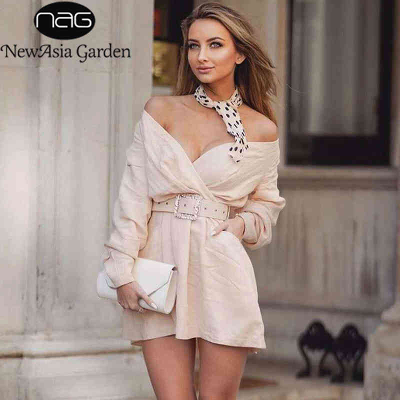 

NewAsia White Shirt Dress Long Sleeve Deep V-neck Women Dress Summer 2020 Sexy Off Shoulder Double Pocket Belt Club Casual, Black;gray