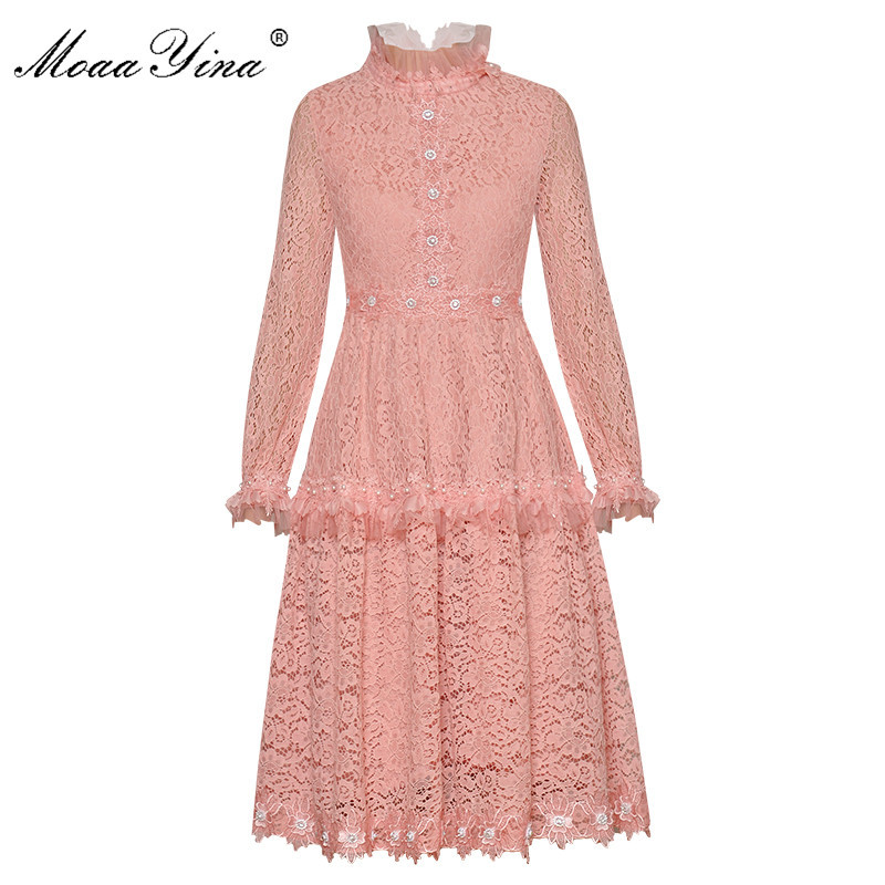 

Fashion Designer dress Spring Autumn Women' Dress Stand collar Long sleeve Lace Crystal BALL GOWN Elegant Dresses 210524, Pink