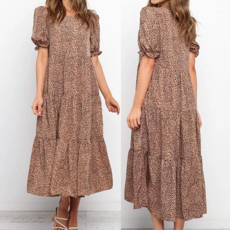 

Women' Swimwear Summer Casual Boho Dress O-neck Loose Leopard Large Hem Floral Print Ruffle Puff Sleeve High Waist Midi Beach Dresses, Brown