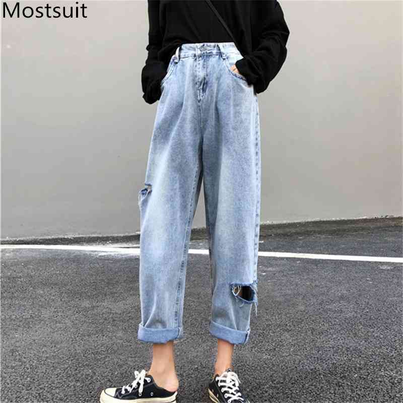

Fashion Women Ripped Harem Denim Jeans High Waist Loose Casual Long For Vintage Female Korean Pants Capris 210518, Blue