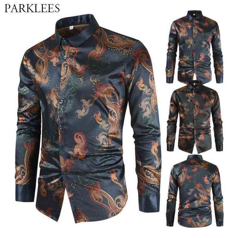 

Retro Floral Print Silk Mens Shirt Smooth Comfortable Shirt for Men Casual Slim Fit Button Up Men Dress Shirts Long Sleeve Male 210524, Navy blue