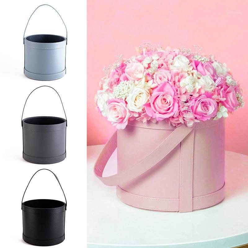

Gift Wrap Portable Florist Arrangement Hat Bucket Box Round Leather Flower Packaging Boxes Wedding Party Home Storage Display
