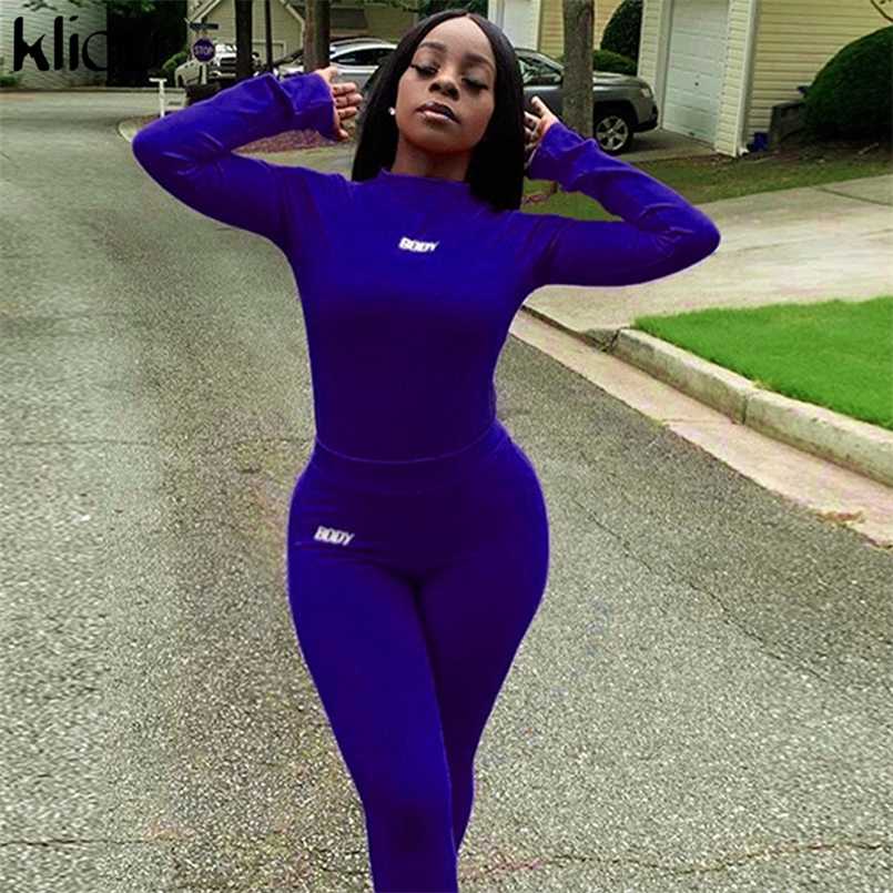 

Kliou women letter print two piece outfits full sleeve bodysuits+sporty leggings matching set elastic skinny solid streetwear 211109, Red