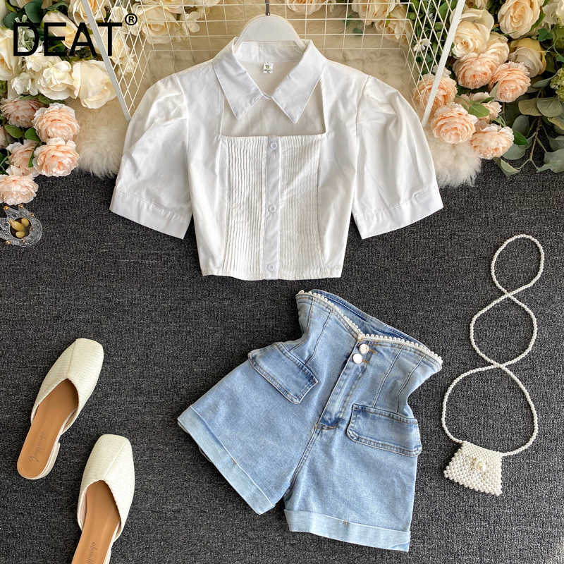 

DEAT Women High Waist Denim Shorts Arrivals Lapel Puff Sleeve Two Piece Set Fashion Temperament Spring Summer 11D002 210709, White