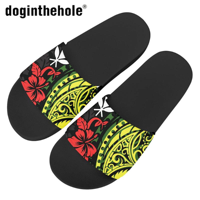 

Doginthehole Slippers Hawaiian Polynesian Tribal Plumeria Peint Casual Home Slipper Shoes for Women Non-slip Shoes Beach Slides, Black