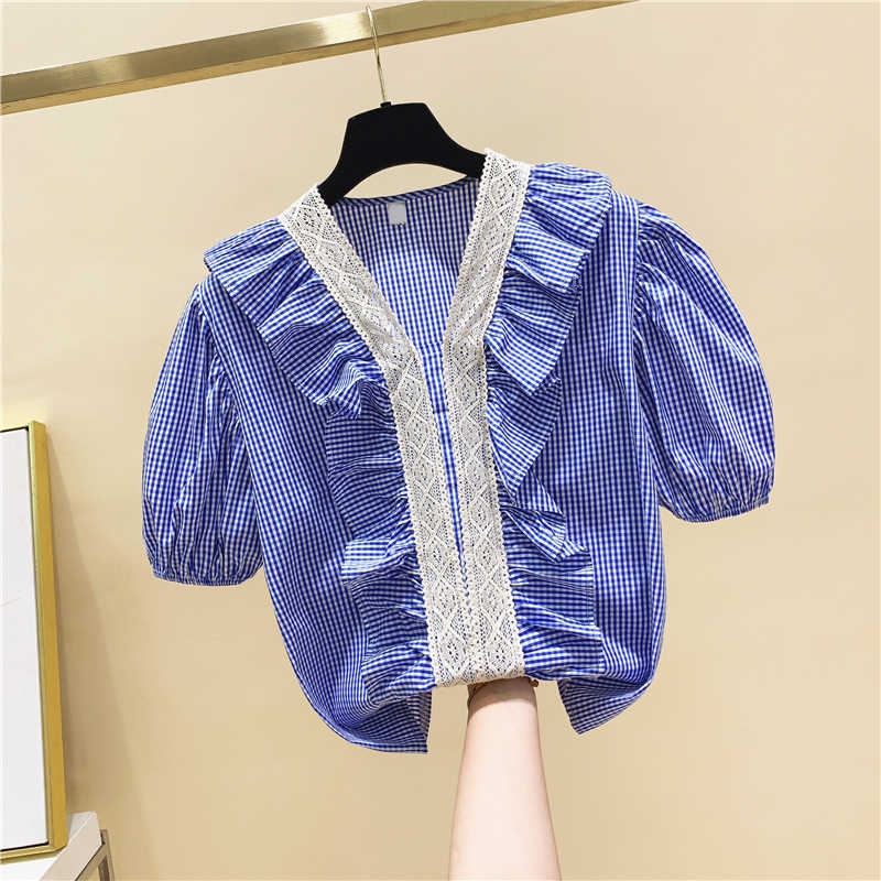

Fashion Lace Patchwork Puff Sleeve Short V-neck Loose Summer Shirts Women Tops 210615, Orange