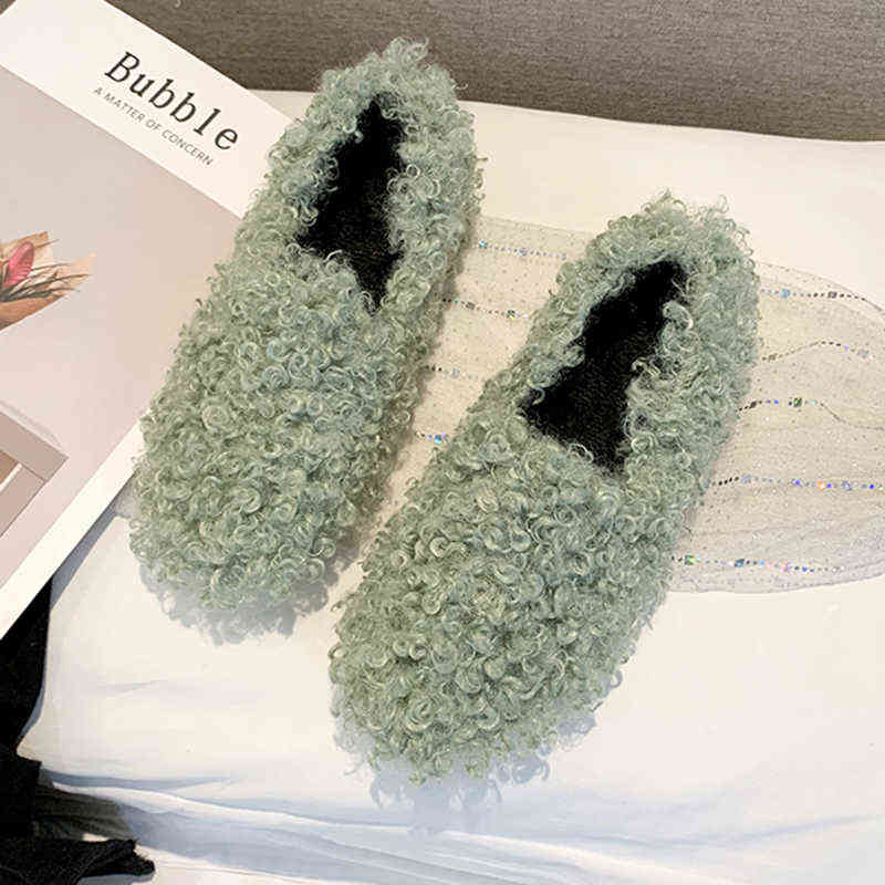 

New Designer Moccasins Women Winter Curl Lambswool Warm Slip on Loafers Soft Bottom Non-slip Ballet Flats Outside Solid Footwear, Green