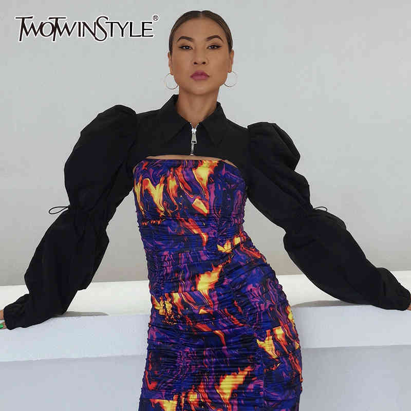 

Casual Black Short Coat For Women Stand Collar Puff Long Sleeve Streetwear Coats Female Fashion Clothing 210524