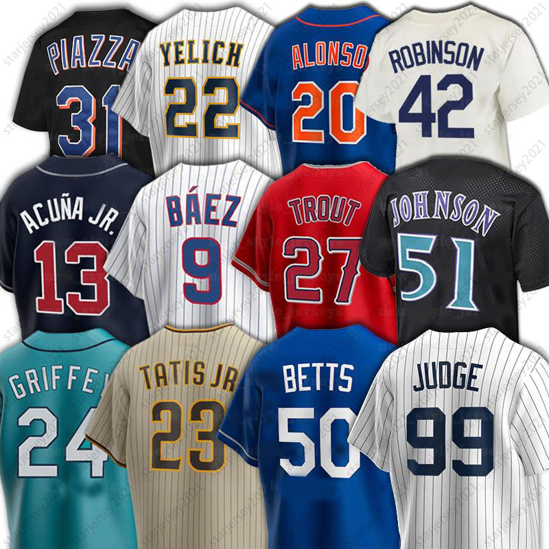 

22 Clayton Kershaw 99 Aaron Judge Baseball Jerseys Ronald Acuna Jr. Javier Baez Mookie Betts 51 Randy Johnson Mike Piazza 27 Vladimir Guerrero Jr. 21 Roberto Clemente, Men