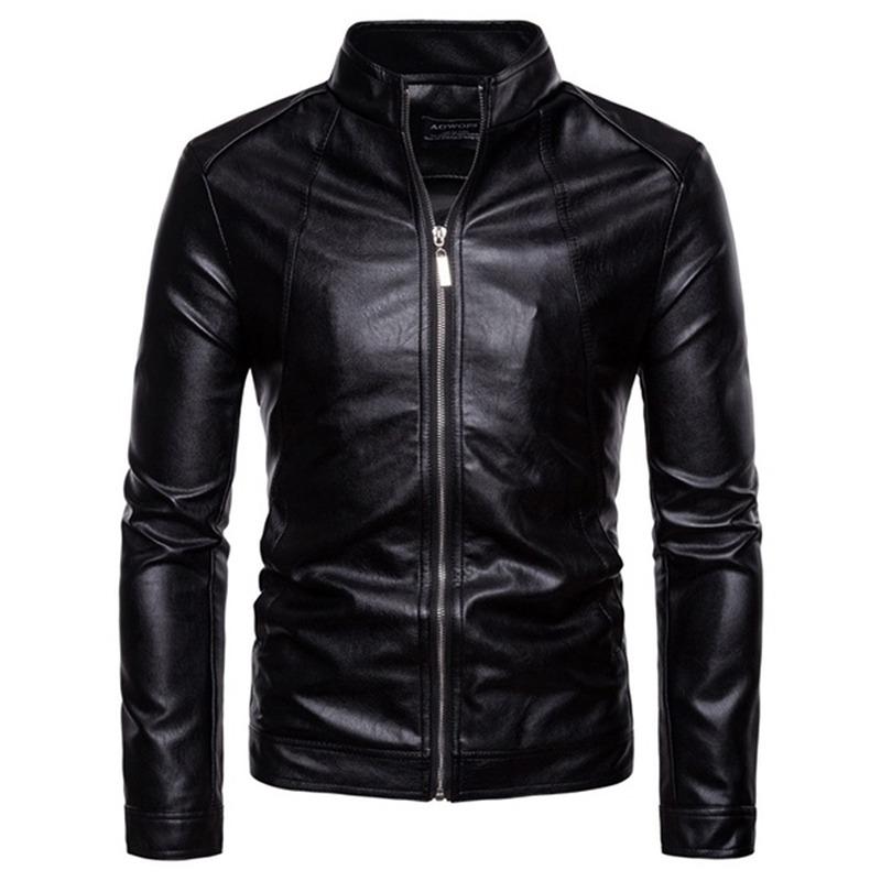 

Fashion Mens Leather Jackets Motorcycle Stand Collar Zipper Pockets Male PU Coats Biker Outerwear Mens Coat, Black