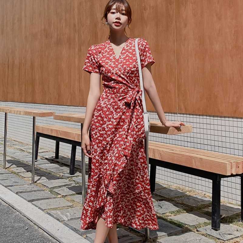 

Summer Women Floral Print V-Neck Boho Long Chiffon Dress Ruffles Wrap Casual Slim Split Sexy Party Robe 210526, Photo color