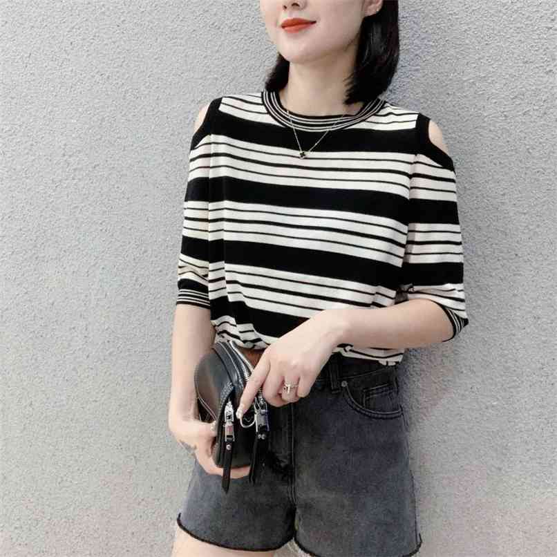 

Fashion knitted t-shirt ultra-fine wool sweater loose all-match blouse leaking shoulder women' 210520, Blue