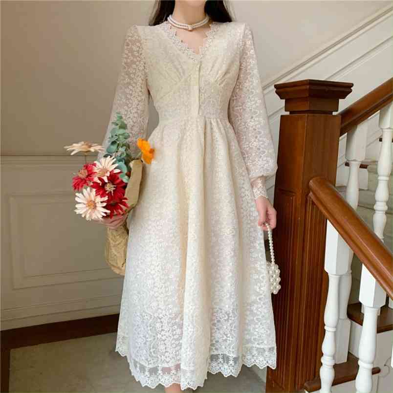 

Vintage Women Elegant Temperament Lace Party Dress Spring Fashion V Neck Long Sleeve High Waist Slim Dresses Vestidos 210519, Photo color
