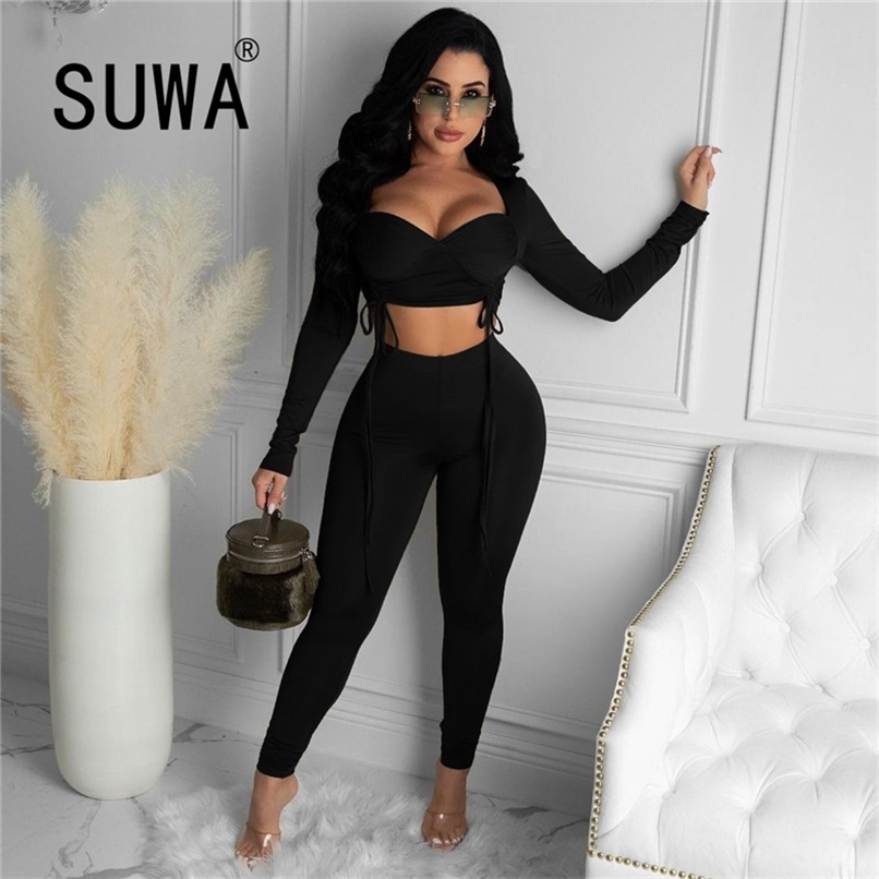 

All Black Two Piece Pants Set Women Long Sleeve Crop Top Tunic High Waist Skinny Pencil Sexy Club Outfits Wholesale 210525