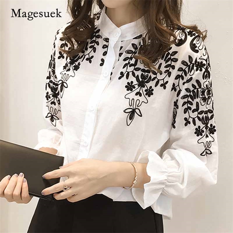 

Fashion Korean Flower Female Clothing Embroidery Blouse Shirt Cotton Embroidered Tops Style Fresh shirt 529E 25 210518, Black