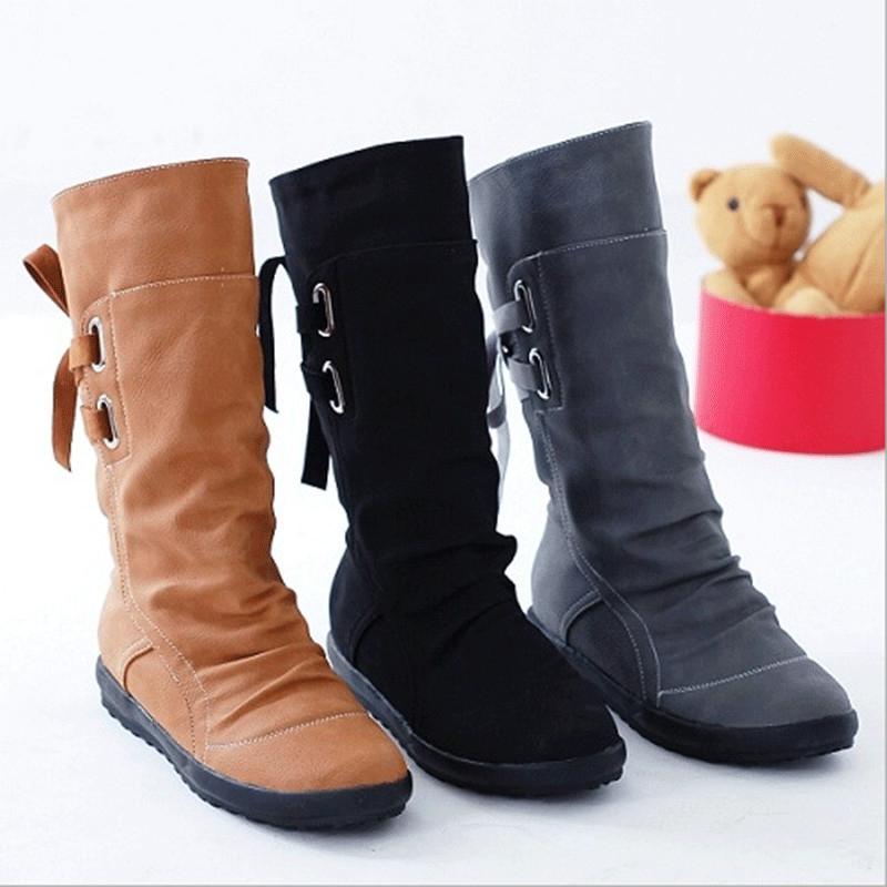 

Fashion Women Boots Winter Autumn Shoes With Lace-up Mid-Calf Solid Flat Heels PU Mujer Plus Size, Black