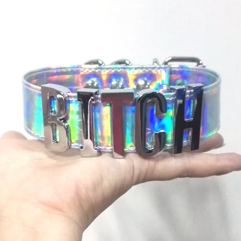 

100% Handmade A-Z Letter Name Choker Holographic PU Leather Laser Word Collar Bondage Cosplay Choker Necklace 220212