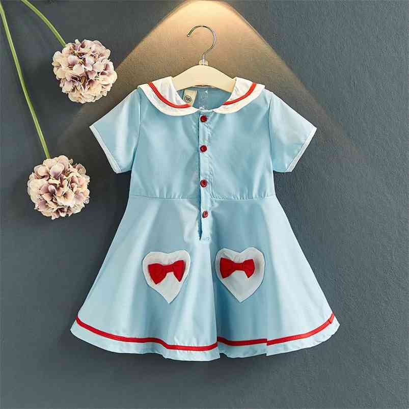

Arrivals Summer Girls Dress Cute Turn-down Collar Single Breasted Red Bow Vestidos 2-7T 210629, Blue
