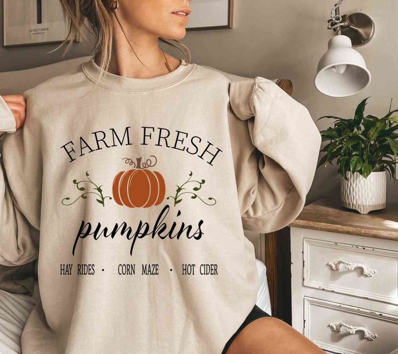 

Fall Sweatshirt Farm Fresh Pumpkins Sweatshirt unisex ins fashion Crewneck shirt couple halloween classical festival top 211108, White