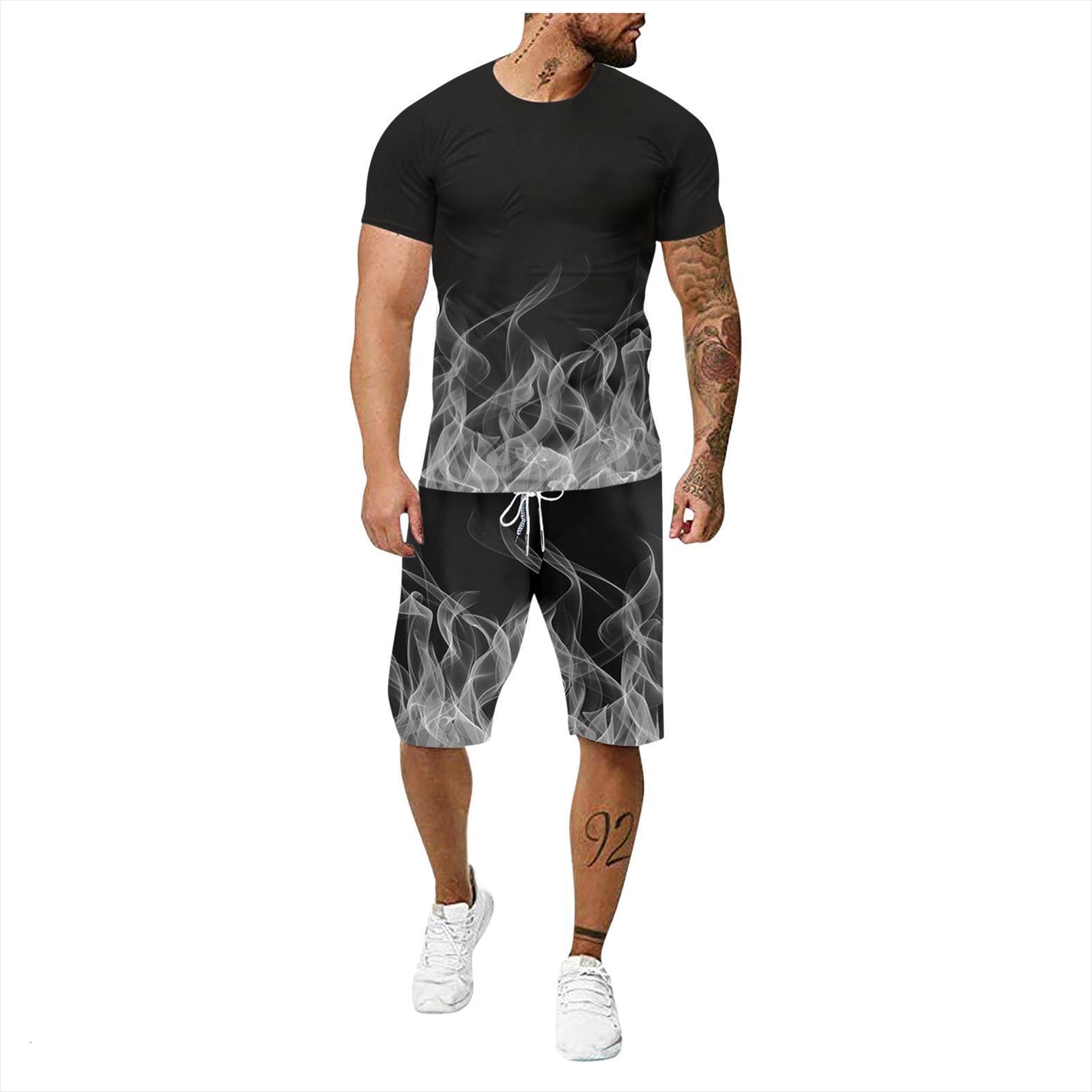 

sportswear shorts set summer men tracksuits leisure sports 3d flame fitness outdoor running two piece suit wear brand clothing, Gray