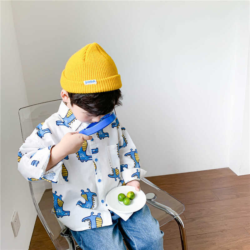 

Spring fashion boys dinosaur print long sleeve shirts kids turndown collar loose casual Tops 1-6Y 210615