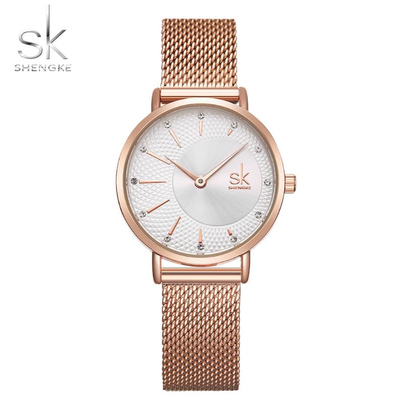 

Wristwatches SK Quartz Watch Women Mesh Stainless Steel Watchband Casual Wristwatch SHENGKE Japan Movement Bayan Kol Saati 2021, Slivery;brown