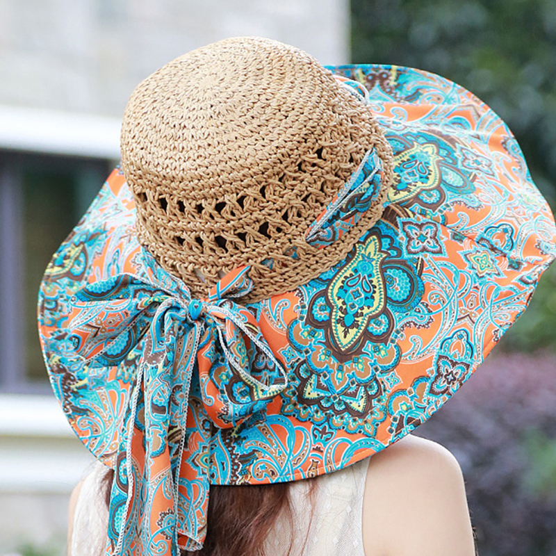

Wide Brim Hats Korean female models beach large eaves straw hat spring and summer exquisite flowers sun shade UV protection handmade, Blue;gray