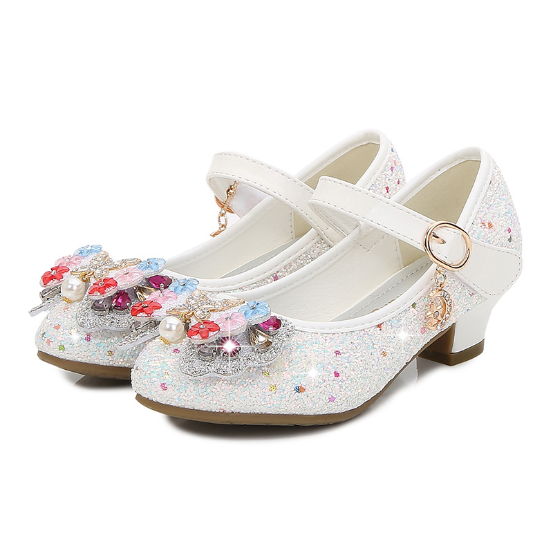 

Size 26-38 Children Dancing Shoes For Girls Princess Leather Shoe Flower Glitter Sandals For Kids Butterfly Knot High Heel Shoes, Black