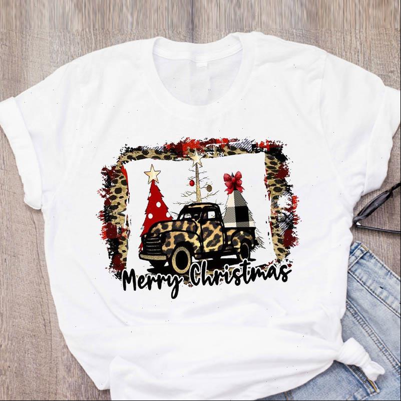 

Women Tops Graphic Leopard Tree Star Truck 90s Merry Christmas Printed Lady Tees Clothing Female T Shirt, White