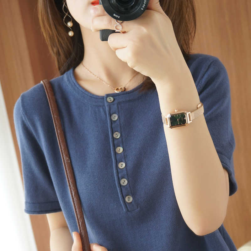 

chic oversize summer kint women sweater pullover short sleeve button loose casual kintting female sweater top jumper mujer 210604, Camel