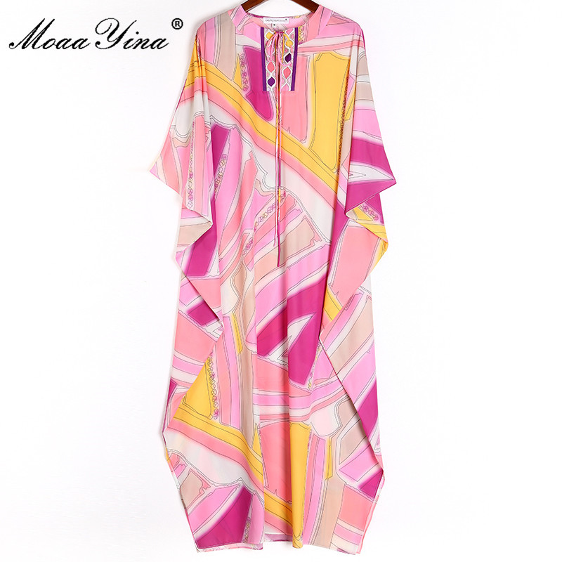 

Fashion Designer Runway dress Spring Summer Women Dress Batwing Sleeve Geometry Print Maxi Loose Dresses 210524, Pink