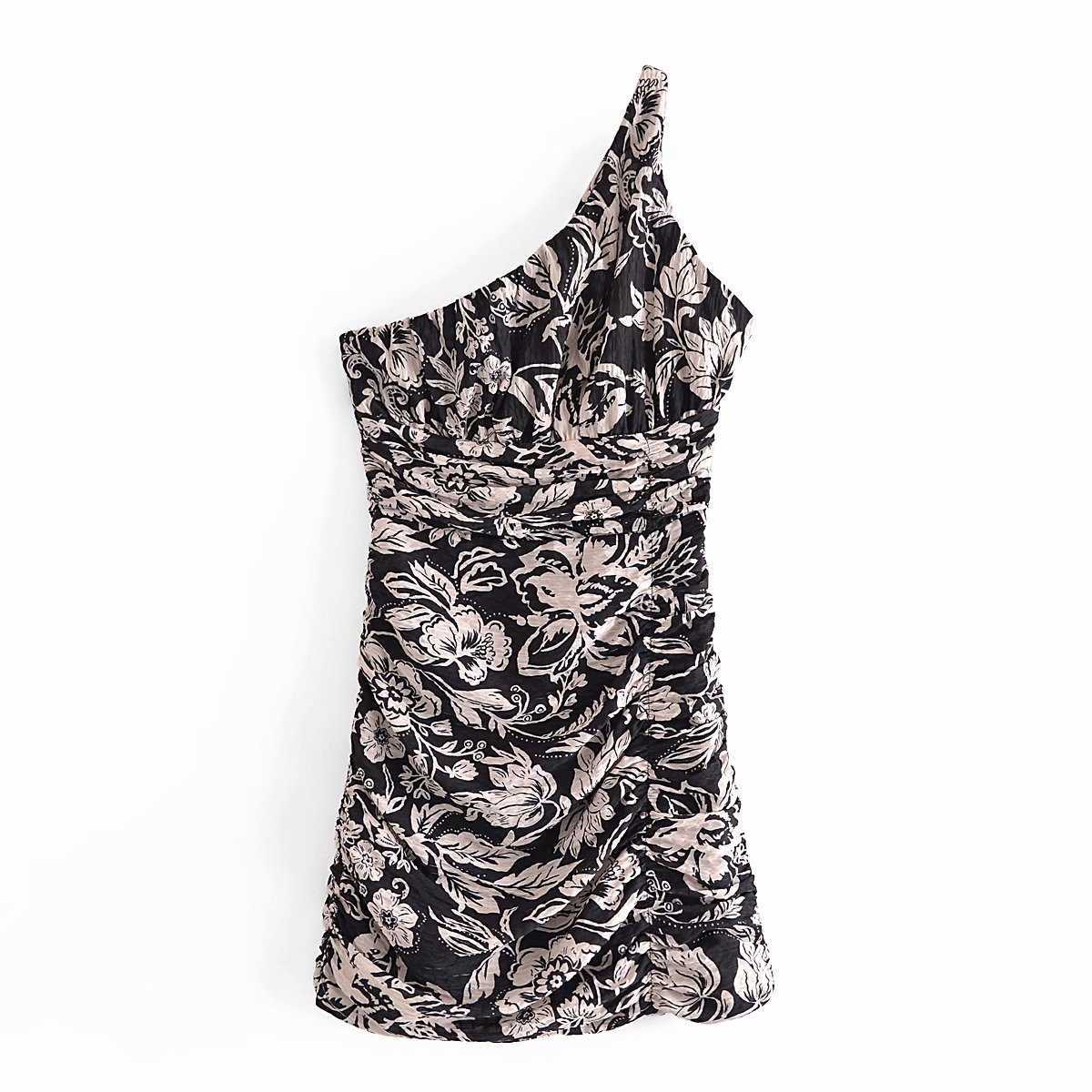 

Women Asymmetric Dress Pleated Printed Fashion Elegant Casual Chic Lady Summer Woman short Dresses 210709, As picture