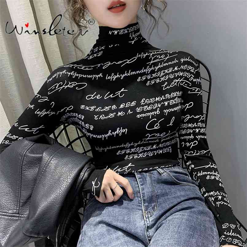

Vintage Print Tops Letters Doodle T-shirt Women Turtleneck Long Sleeve Slim Stretchy Tee Casual Clothing Spring T01407B 210708, White 3